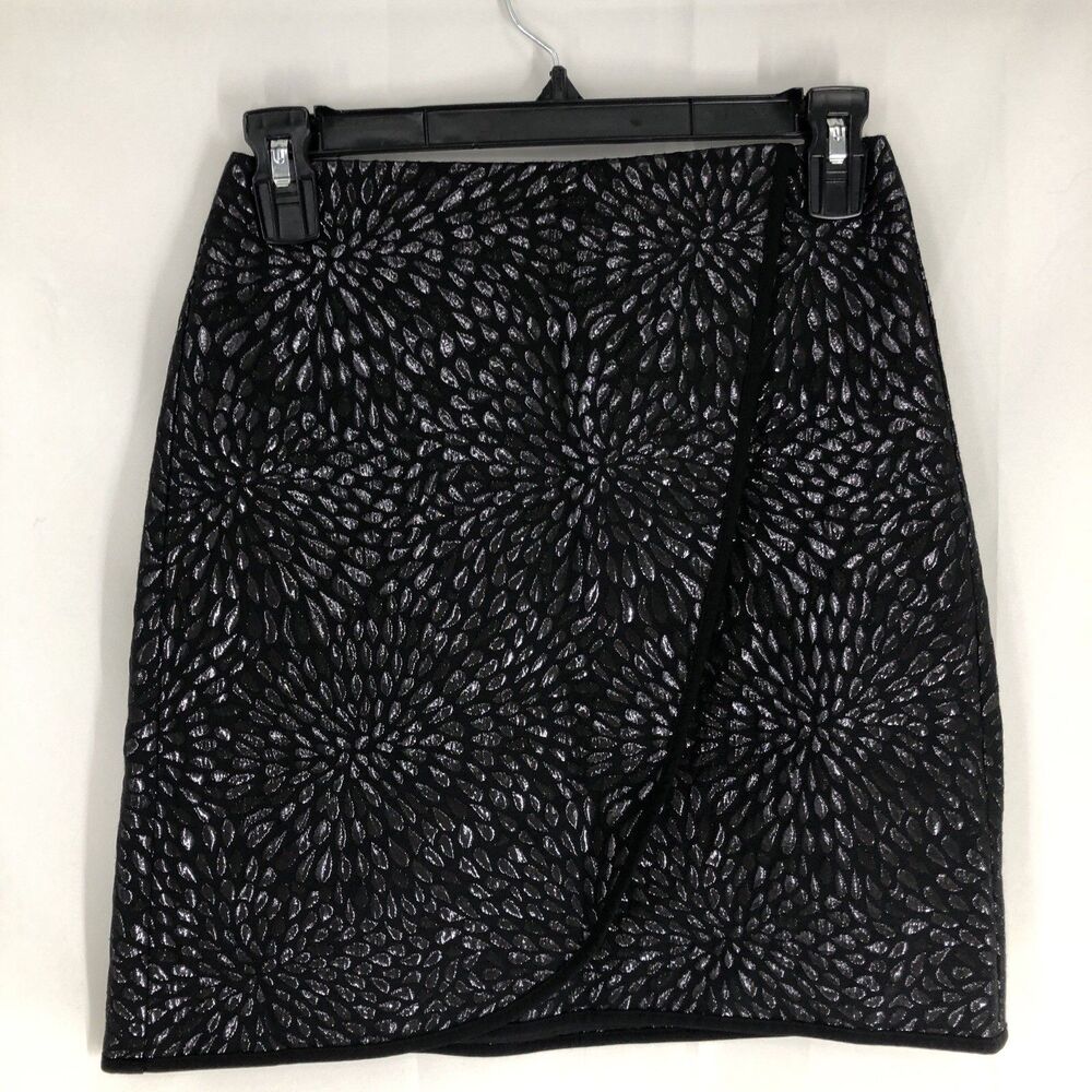 LOFT Petites Black Shimmer Petal Burst Lined Faux Wrap A-Line Mini Skirt  00P